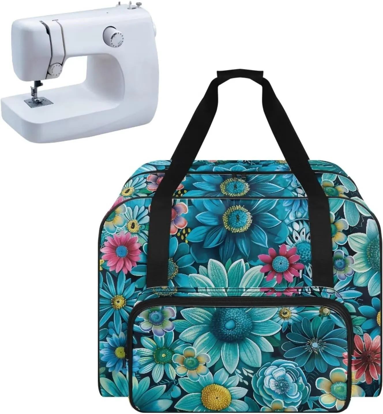 Blue Boho Flower Sewing Machine Tote Case Fits Most Sewing Machines, Sewing Bag with Handle - Portable Sewing Case
