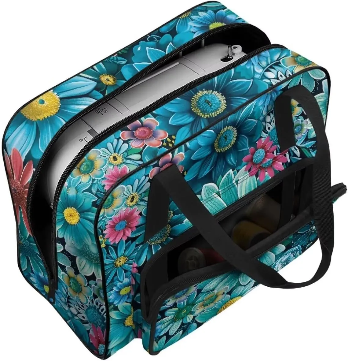 Blue Boho Flower Sewing Machine Tote Case Fits Most Sewing Machines, Sewing Bag with Handle - Portable Sewing Case