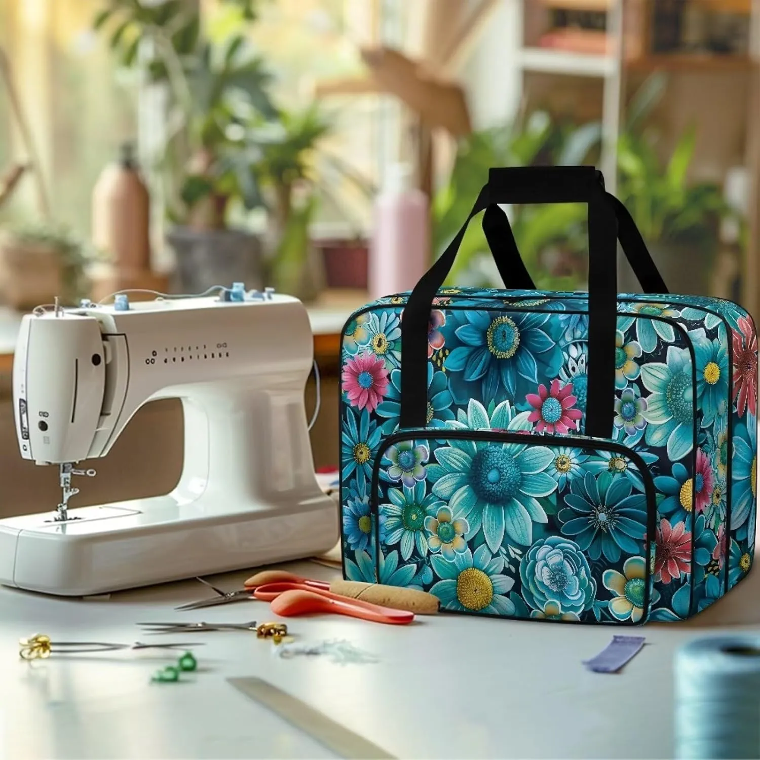 Blue Boho Flower Sewing Machine Tote Case Fits Most Sewing Machines, Sewing Bag with Handle - Portable Sewing Case