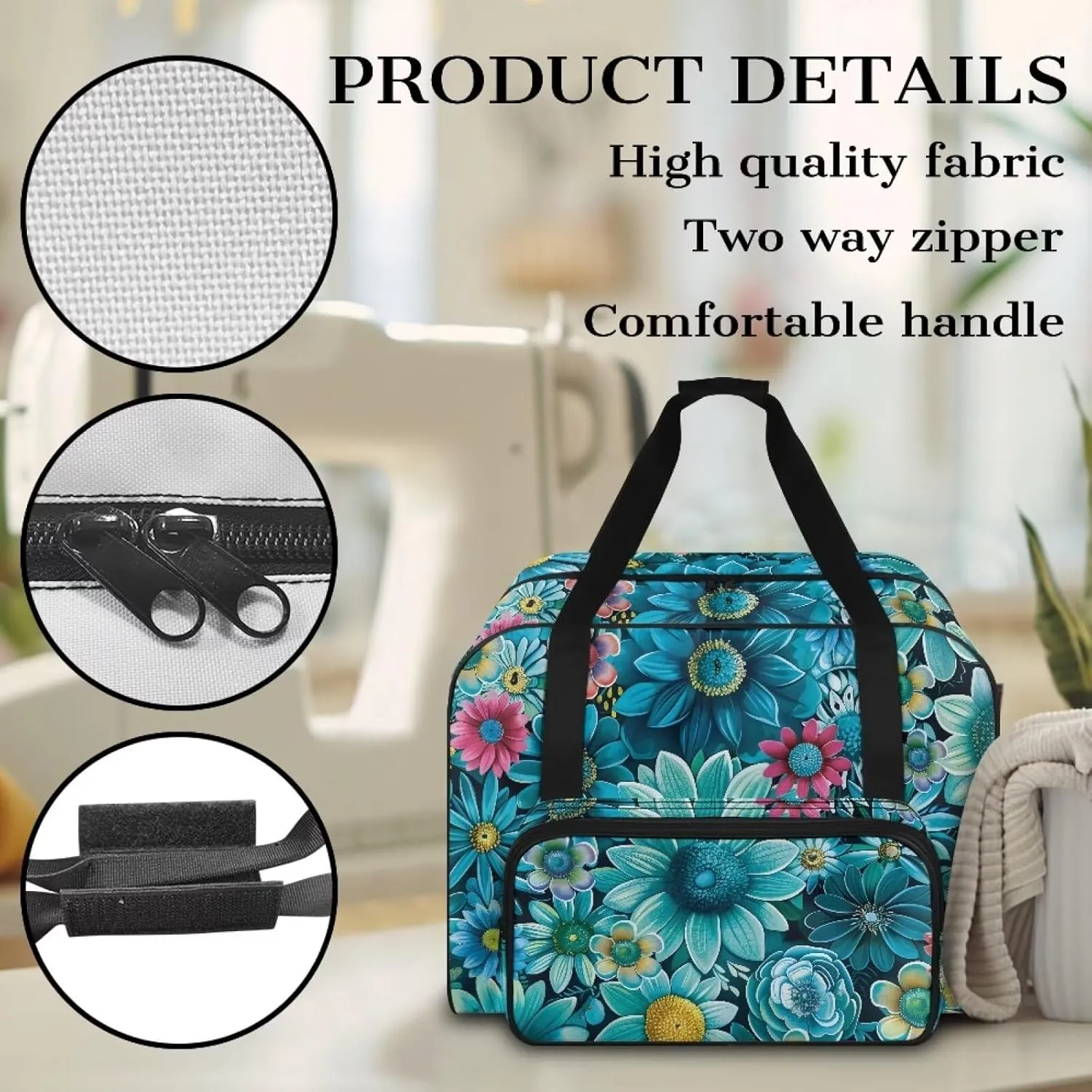 Blue Boho Flower Sewing Machine Tote Case Fits Most Sewing Machines, Sewing Bag with Handle - Portable Sewing Case
