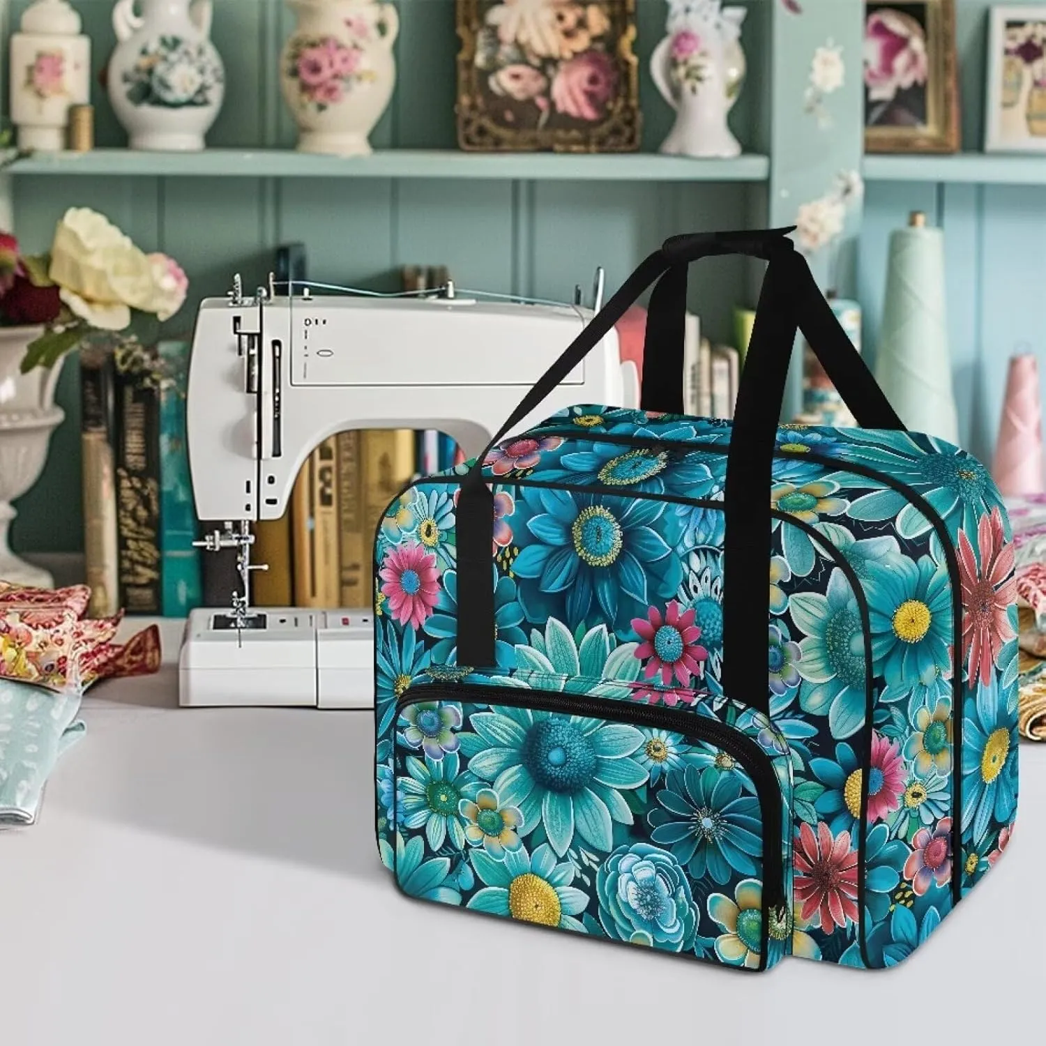 Blue Boho Flower Sewing Machine Tote Case Fits Most Sewing Machines, Sewing Bag with Handle - Portable Sewing Case