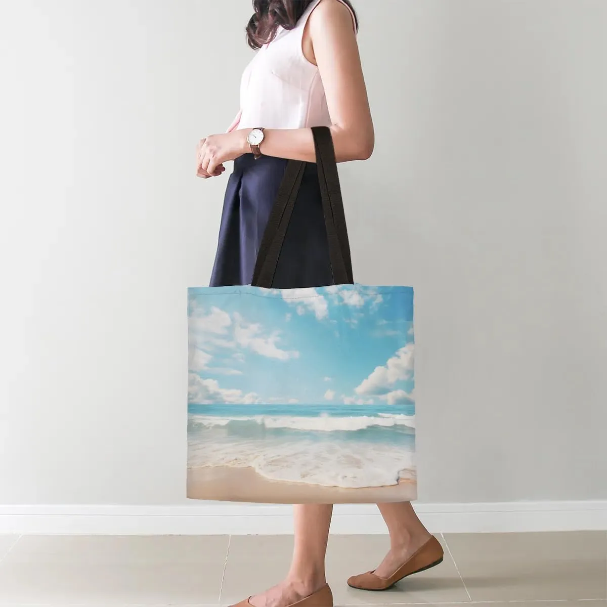 Blue Ship On Ocean Rough Waves Canvas Tote Bag for Women Men Stylish Tote Handbag Shoulder Bag Reusable Grocery Bag
