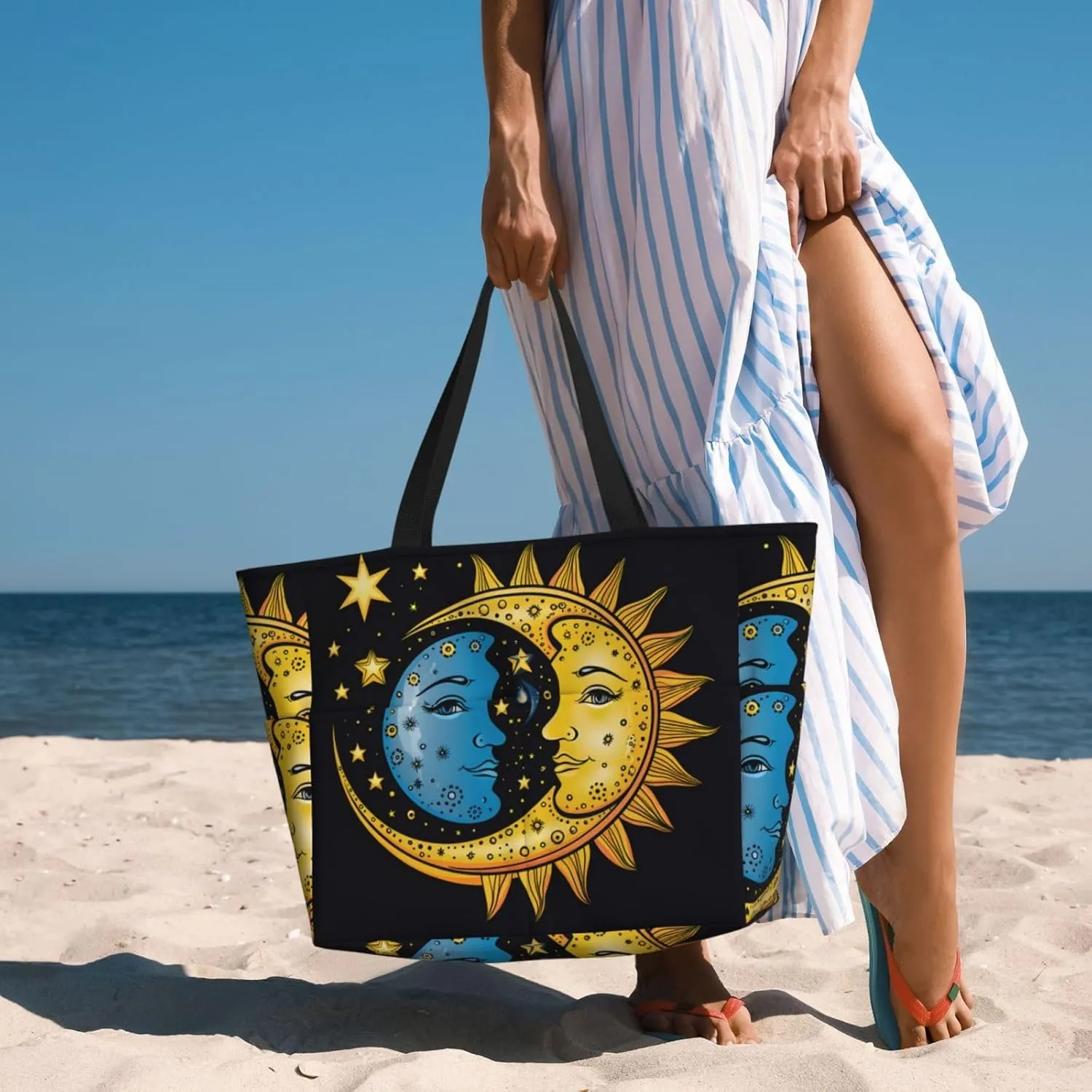 Blue Texture Wallpaper Printed Multi functional Beach Bag Wide and Waterproof Travel Handbag
