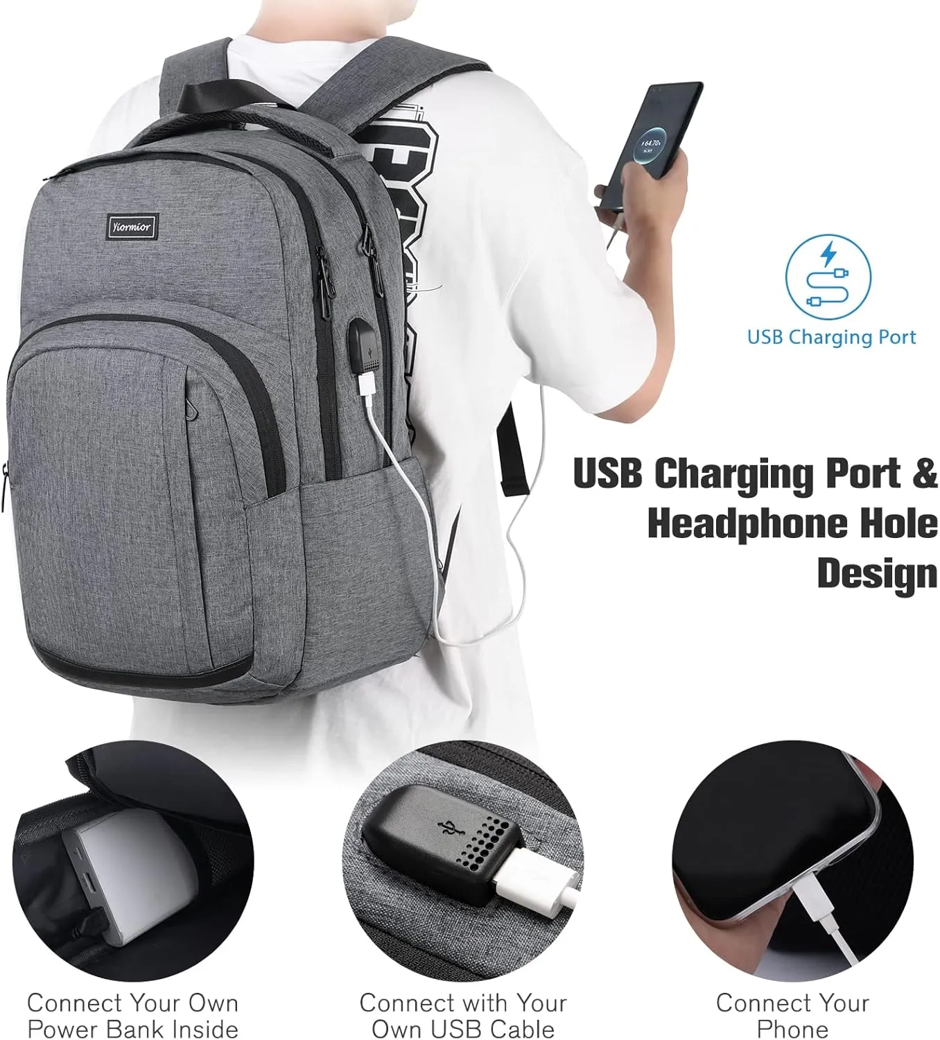 Bookbag School Backpack, Travel Backpack Anti Theft Laptop Backpack with USB Charging Port Water Resistant College Fits 15.6 Inch Notebook Over 3 Years Old