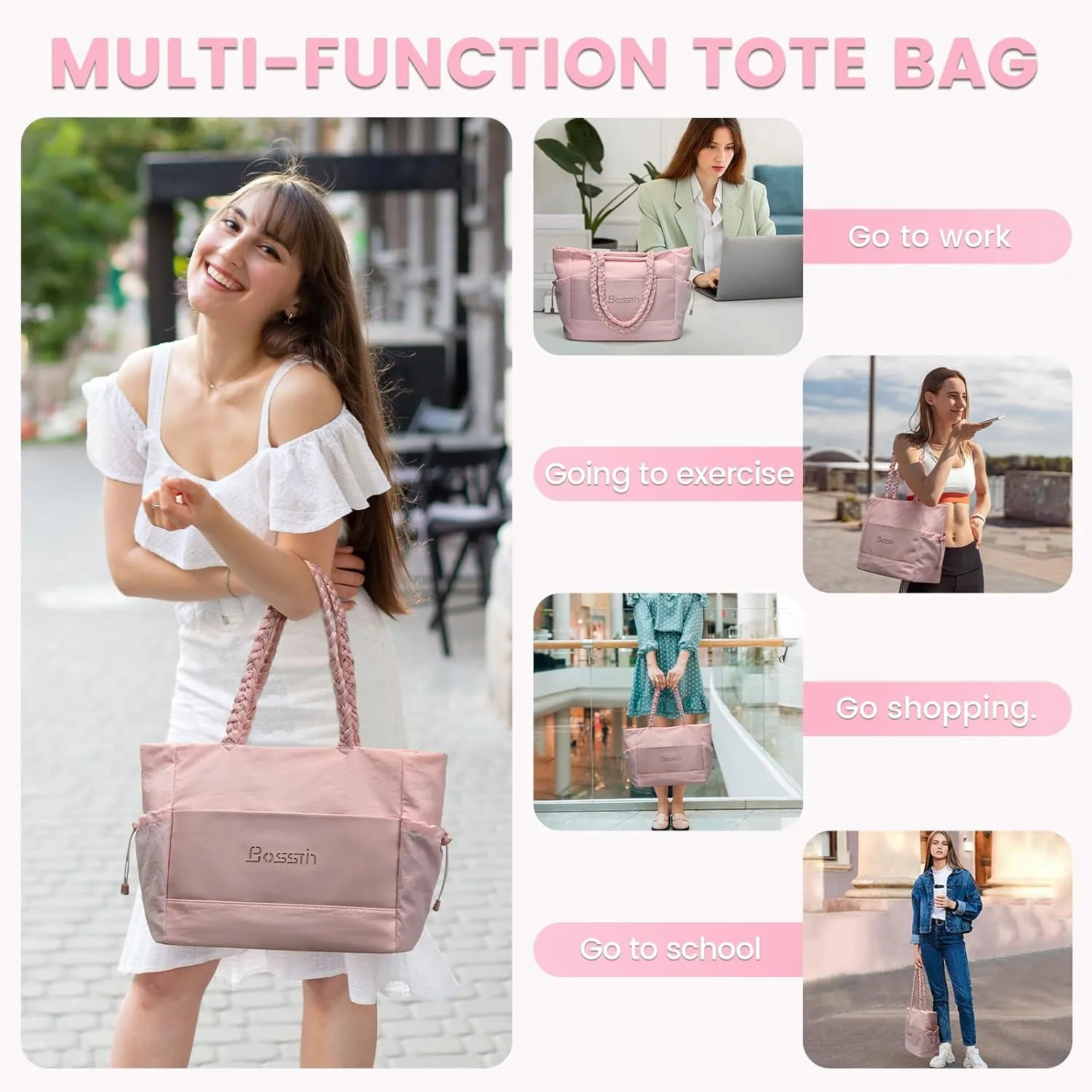 BOSSTIN Tote Bag for Women, Large Tote Bag with Zipper, Lightweight Shoulder Handbag with Compartments for Work Travel
