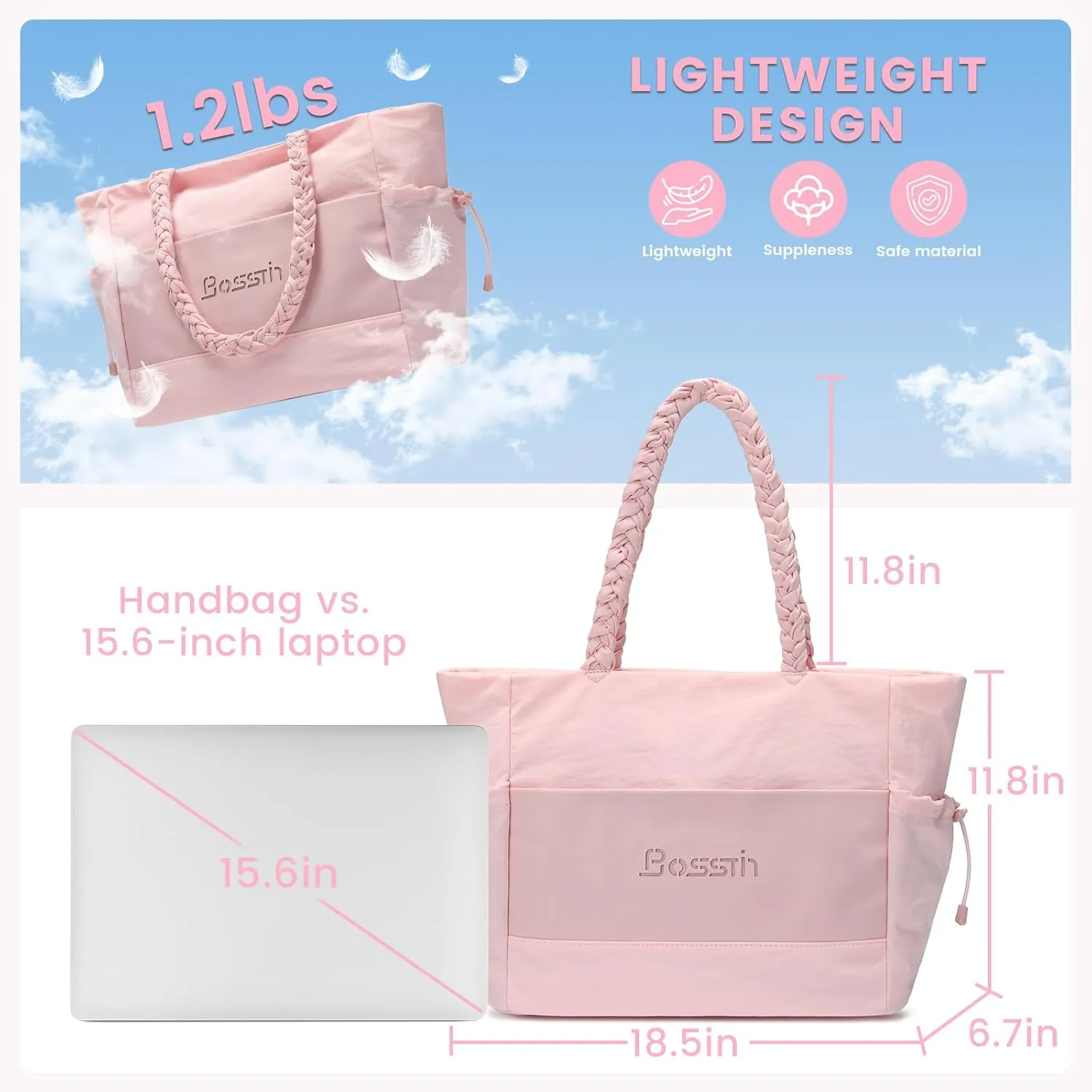 BOSSTIN Tote Bag for Women, Large Tote Bag with Zipper, Lightweight Shoulder Handbag with Compartments for Work Travel