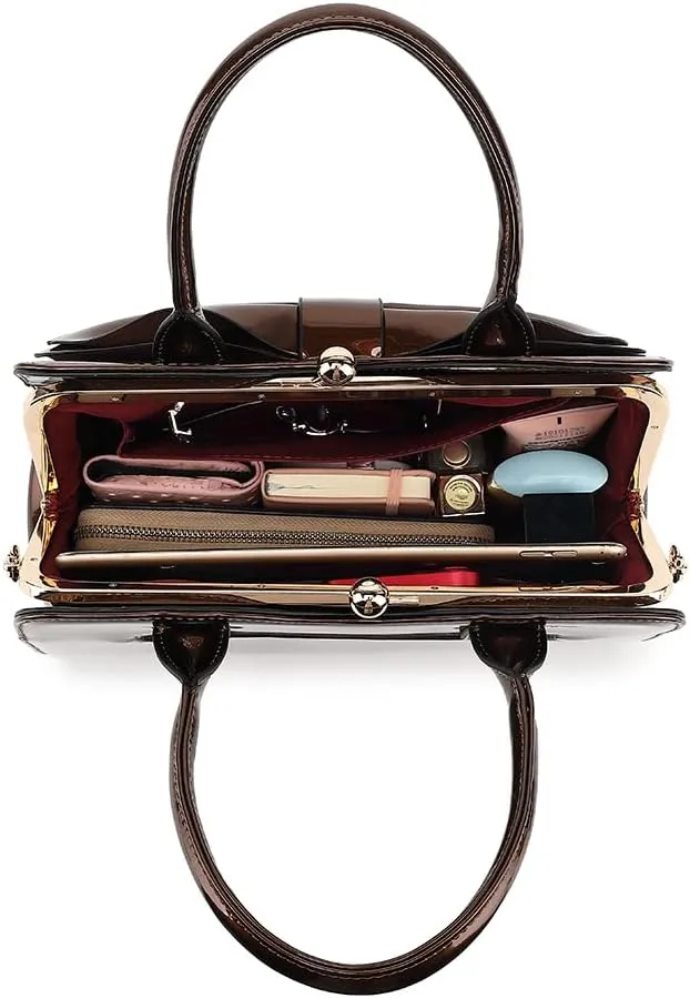 BOW FRAME SATCHEL WITH DETACHABLE SHOULDER STRAP PATENT LEATHER