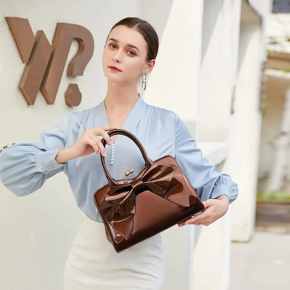 BOW FRAME SATCHEL WITH DETACHABLE SHOULDER STRAP PATENT LEATHER