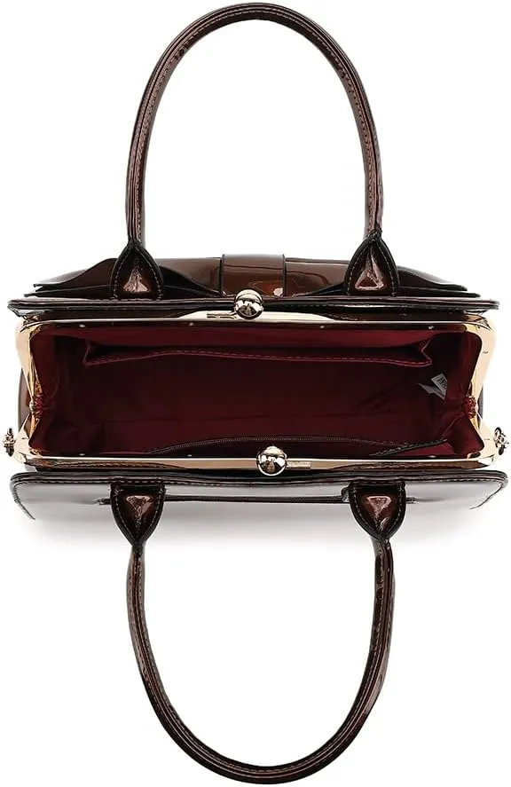 BOW FRAME SATCHEL WITH DETACHABLE SHOULDER STRAP PATENT LEATHER
