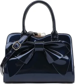 BOW FRAME SATCHEL WITH DETACHABLE SHOULDER STRAP PATENT LEATHER
