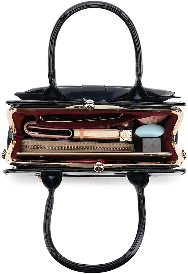 BOW FRAME SATCHEL WITH DETACHABLE SHOULDER STRAP PATENT LEATHER