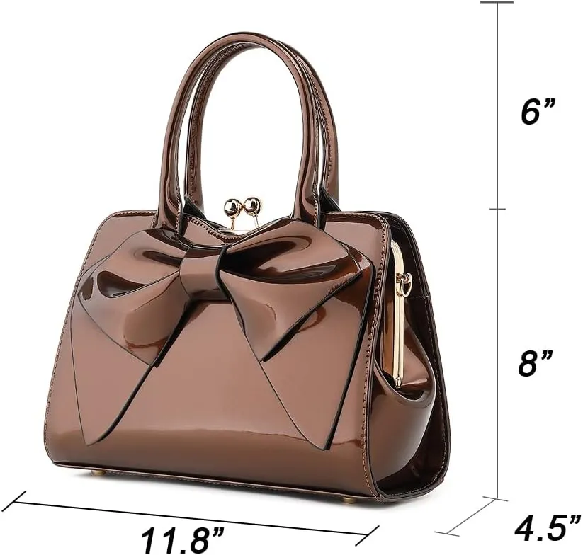 BOW FRAME SATCHEL WITH DETACHABLE SHOULDER STRAP PATENT LEATHER