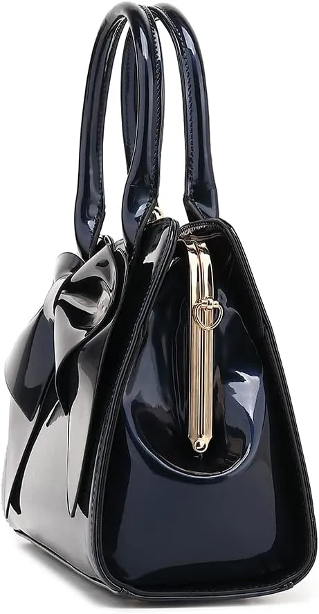 BOW FRAME SATCHEL WITH DETACHABLE SHOULDER STRAP PATENT LEATHER