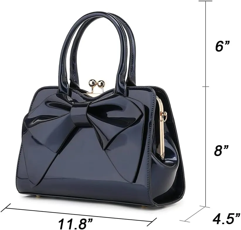 BOW FRAME SATCHEL WITH DETACHABLE SHOULDER STRAP PATENT LEATHER