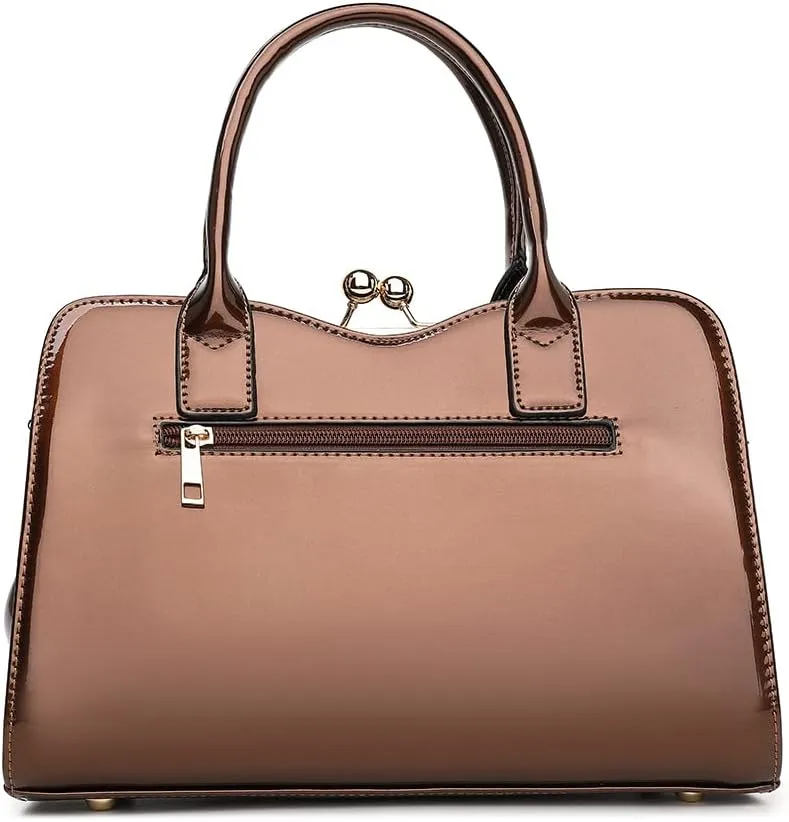 BOW FRAME SATCHEL WITH DETACHABLE SHOULDER STRAP PATENT LEATHER