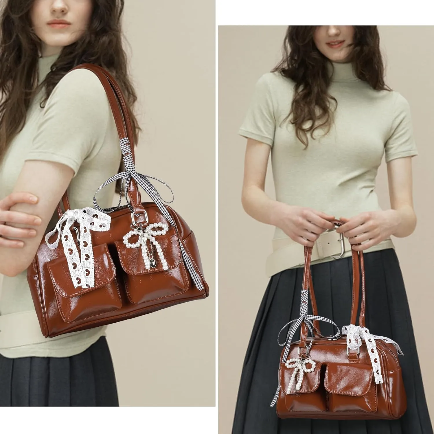 Bow Purse Cute Ita Bag Aesthetic Japanese Shoulder Bag Y2K Purse Leather Tote Bag Satchel Handbag Purse