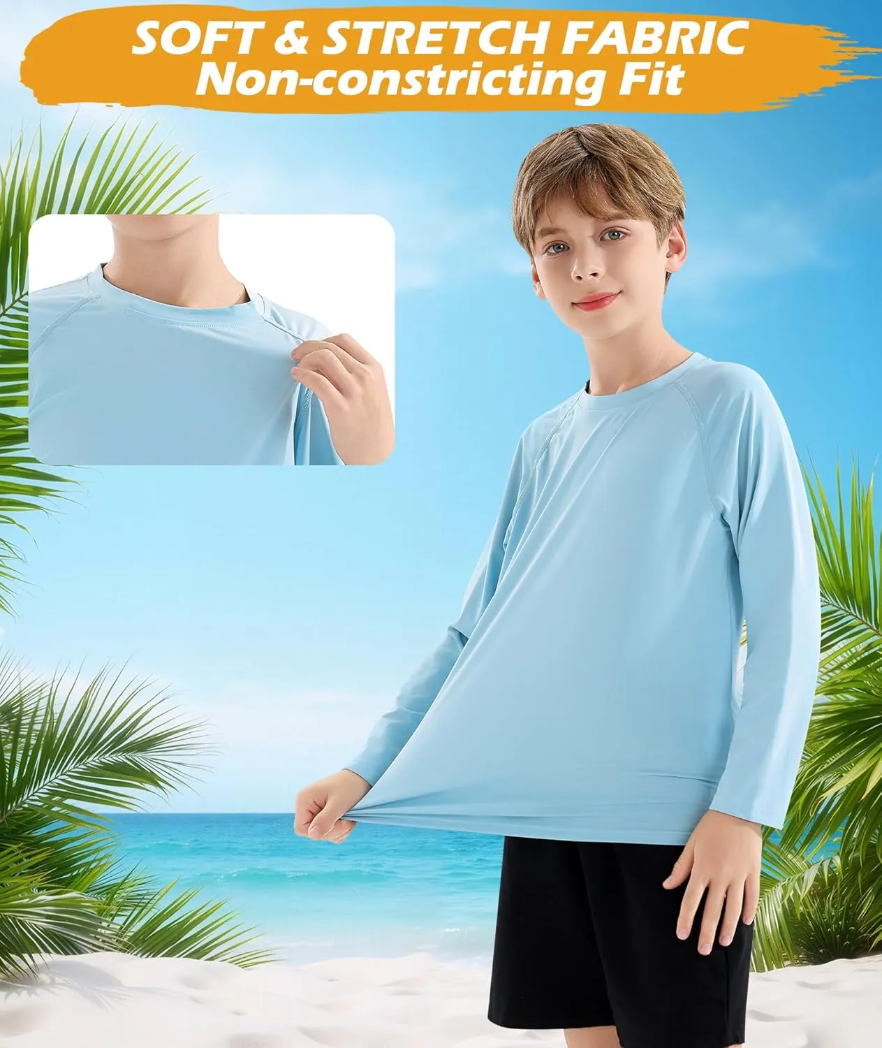 Boys Swim Shirt UPF 50  Kids Rash Guard Long Sleeve 3 Pack Youth Sun UV Protection SPF Water Fishing Top Shirts 5-18Y