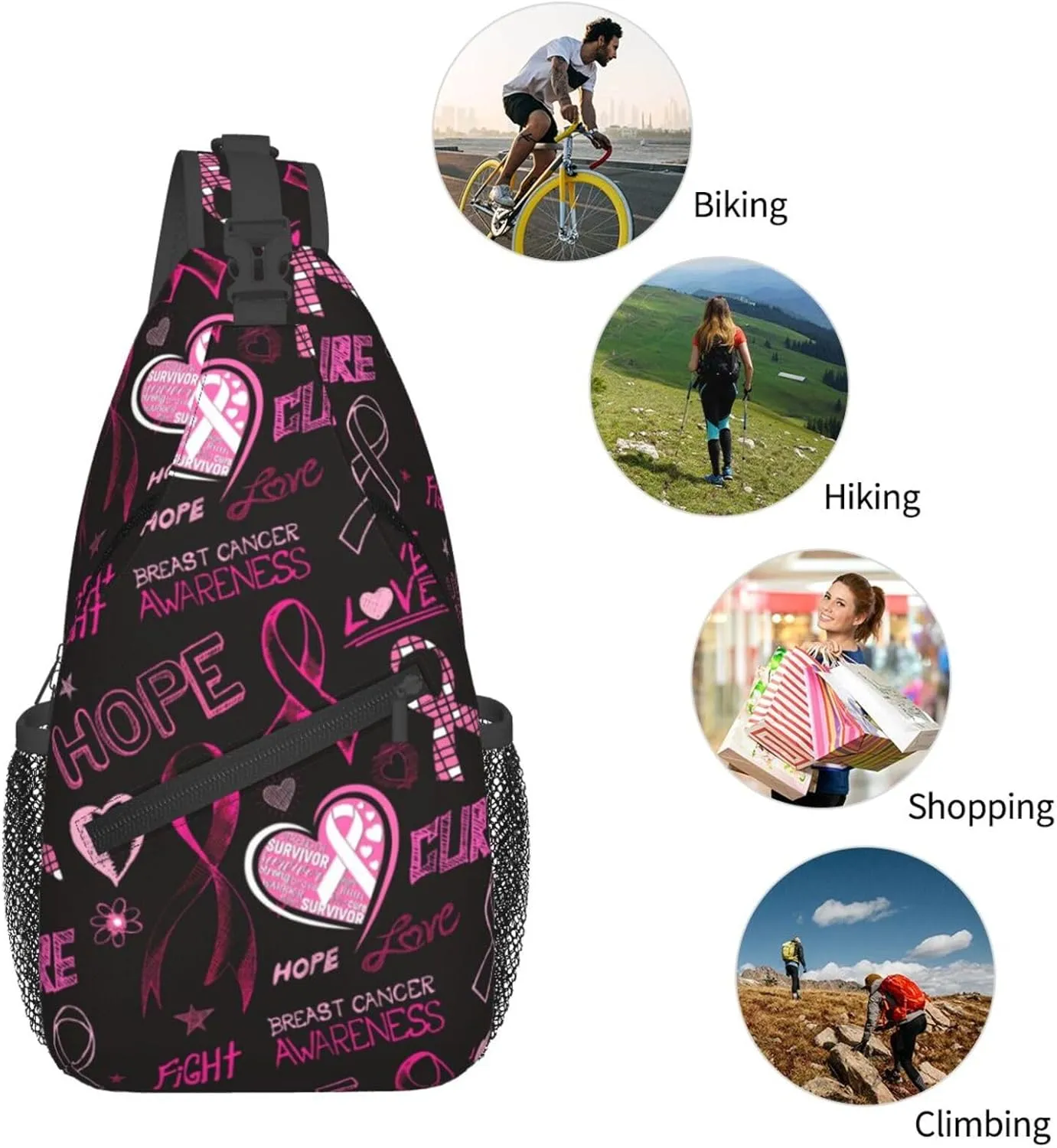 Breast Cancer Awareness Sling Bag for women,Multipurpose Crossbody Chest Bag Sports Sling Bag for Hiking Travel
