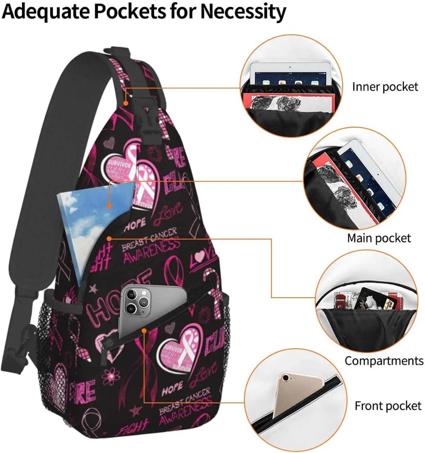 Breast Cancer Awareness Sling Bag for women,Multipurpose Crossbody Chest Bag Sports Sling Bag for Hiking Travel