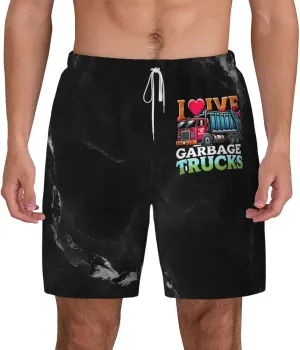 Breathable Men's Swim I Love Garbage Trucks Shorts with Adjustable Waist