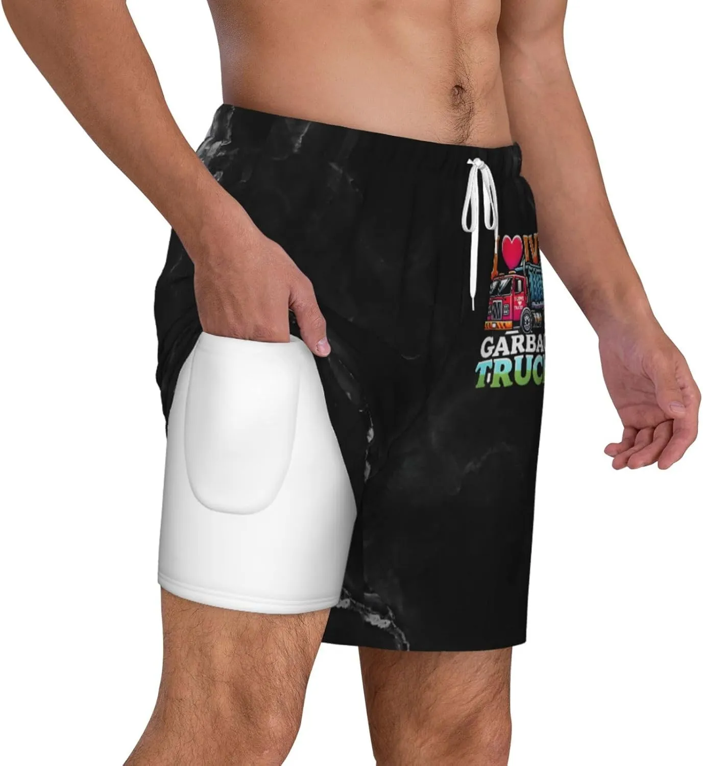 Breathable Men's Swim I Love Garbage Trucks Shorts with Adjustable Waist