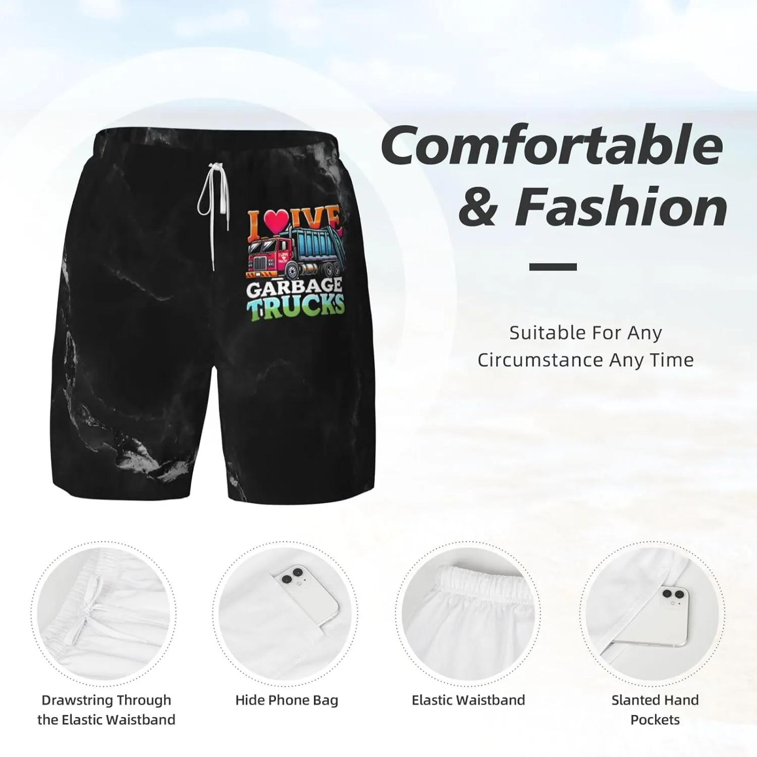 Breathable Men's Swim I Love Garbage Trucks Shorts with Adjustable Waist
