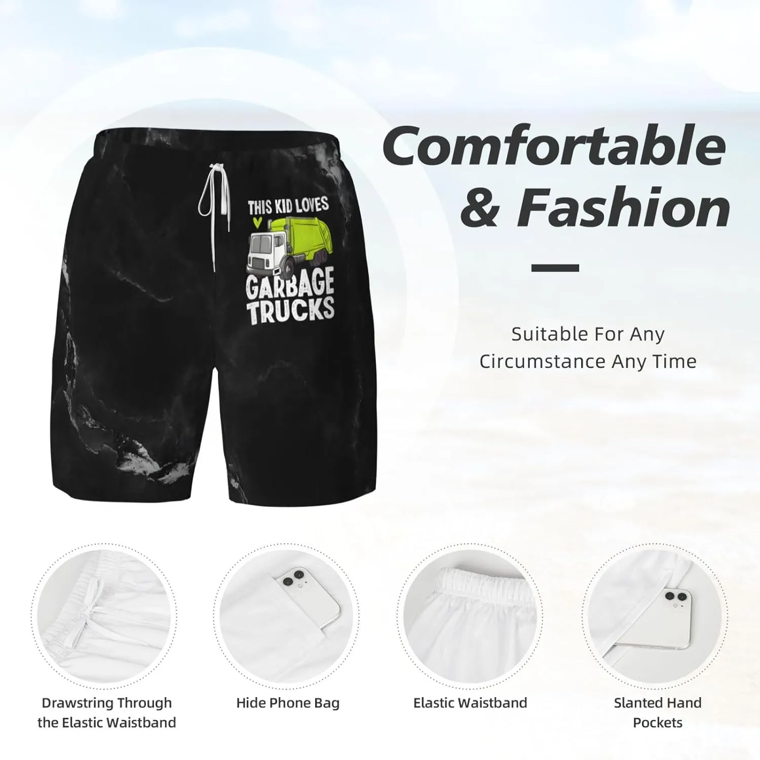 Breathable Men's Swim This Kid Love Garbage Trucks Shorts with Adjustable Waist