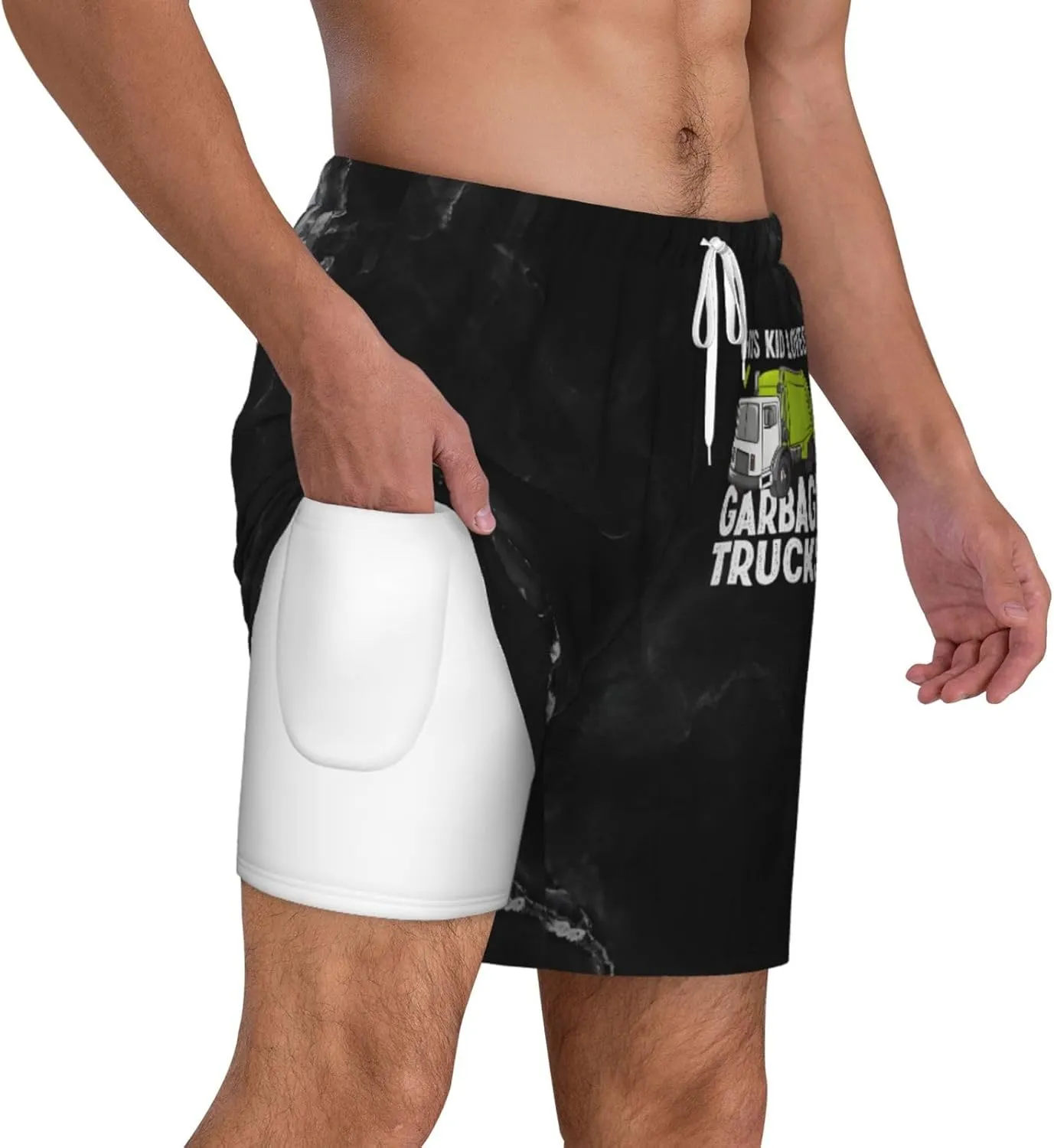 Breathable Men's Swim This Kid Love Garbage Trucks Shorts with Adjustable Waist