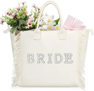 Bride Tote Bag Bride Shower Wedding Gift Pearl Rhinestone Honeymoon Beach Tote Bag for Engagement Bachelorette Party