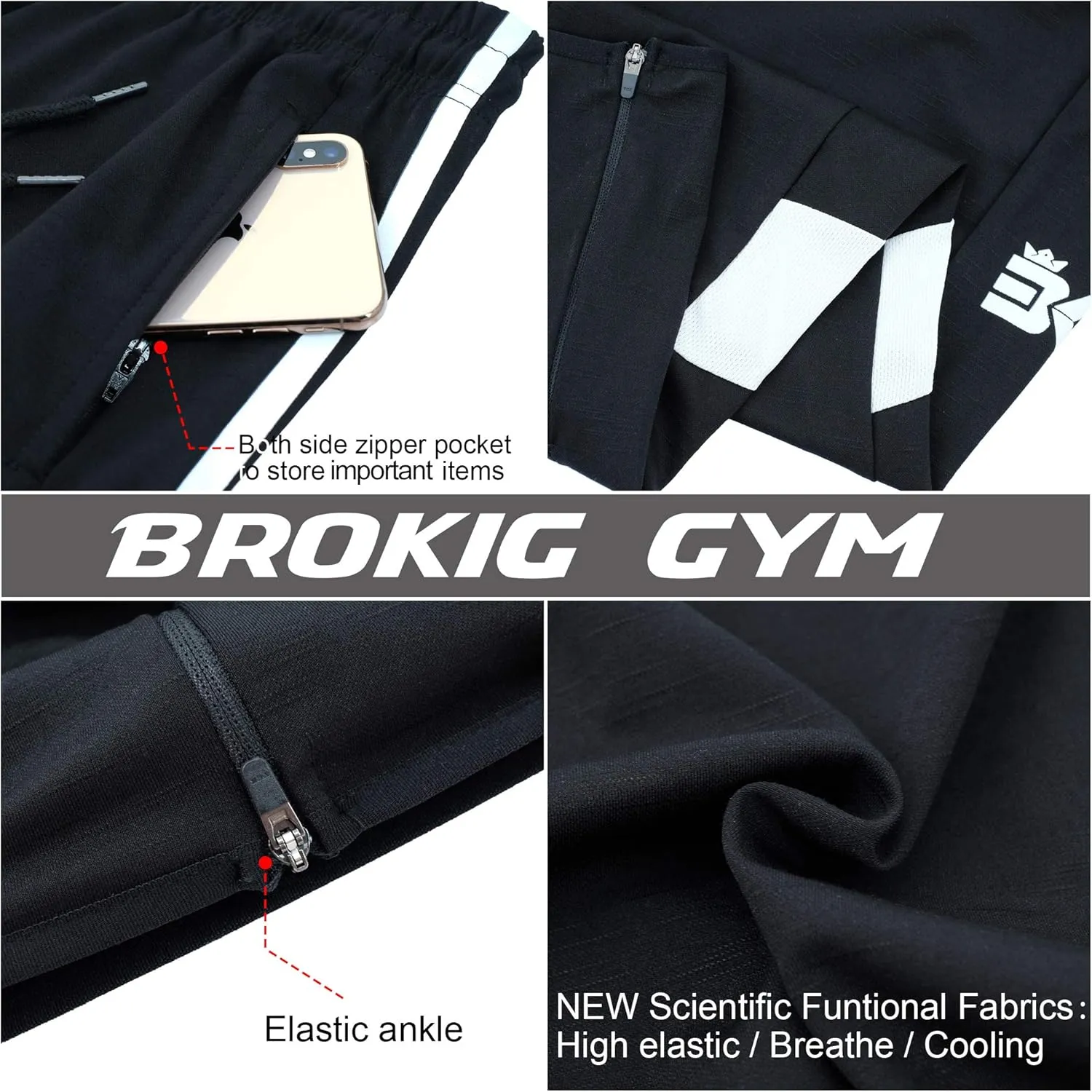 BROKIG Mens Strike White Workout Gym Athletic Jogger Pants Lightweight Running Sweatpants for Men with Pockets
