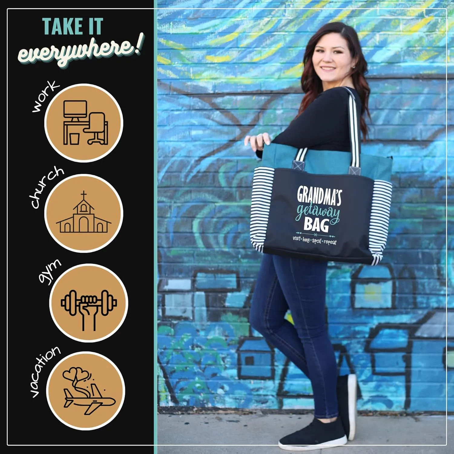 Brooke & Jess Designs Tote Bag for Grandma – Sturdy Canvas Grandma Tote w/Zipper & Inner Pocket Grandma Bag for Everyday Use