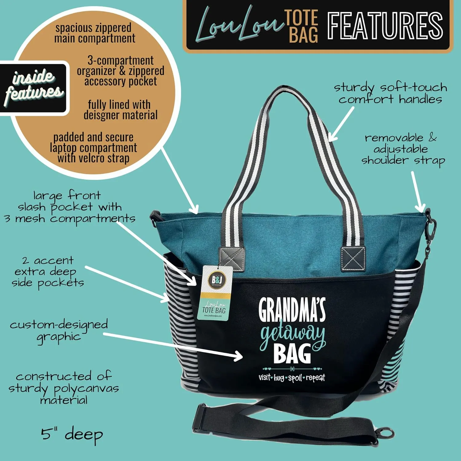 Brooke & Jess Designs Tote Bag for Grandma – Sturdy Canvas Grandma Tote w/Zipper & Inner Pocket Grandma Bag for Everyday Use