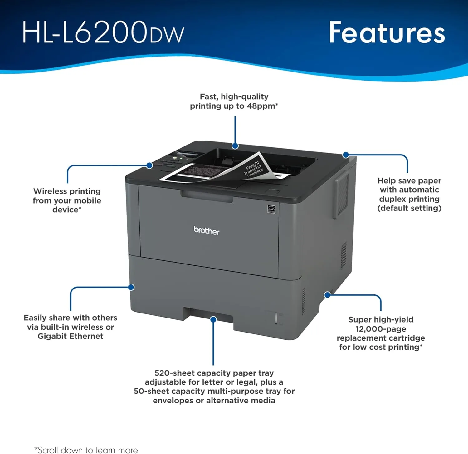 Brother HL-L6200DW Wireless Monochrome Laser Printer with Duplex Printing (Amazon Dash Replenishment Ready)