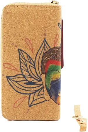 Buddha Cork Vegan Wristlet Wallet - credit card, business cards, coins & bills Room for Cellphone