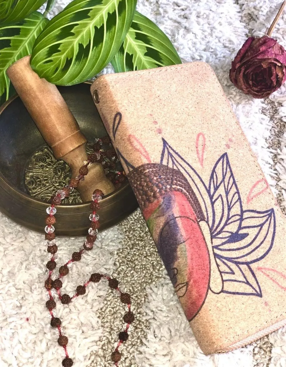 Buddha Cork Vegan Wristlet Wallet - credit card, business cards, coins & bills Room for Cellphone