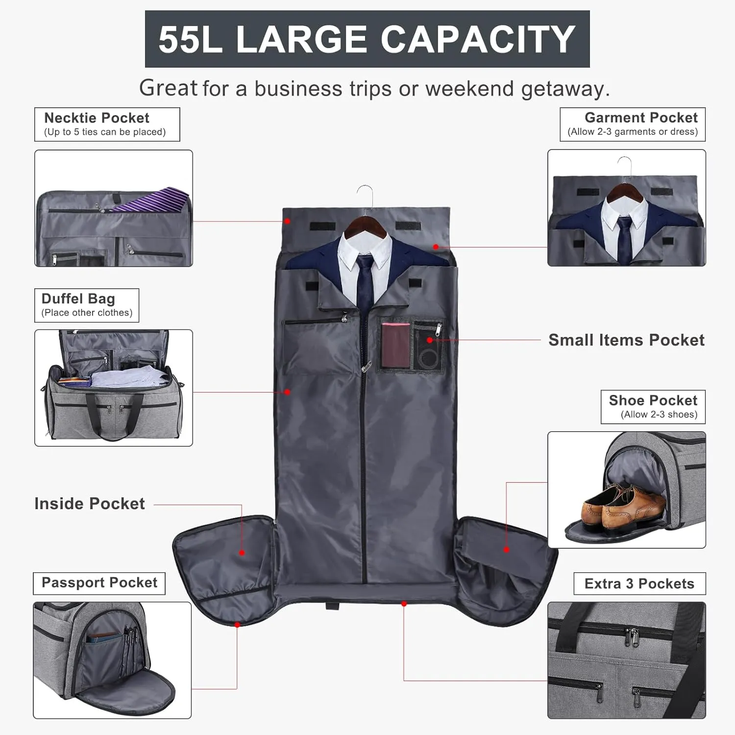 Bukere Carry on Garment Bag for Travel, Convertible Travel Duffel Suit Bag with Backpack Straps, Shoe Compartment, 3 in 1 Weekender Suit Bag for Men Women