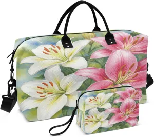 Burbuja Travel Duffel Bag for Women, Lily Flower Weekender Overnight Bag Shoulder Carry On Tote Bag with Trolley Sleeve, Gym Bag with Toiletry Bag