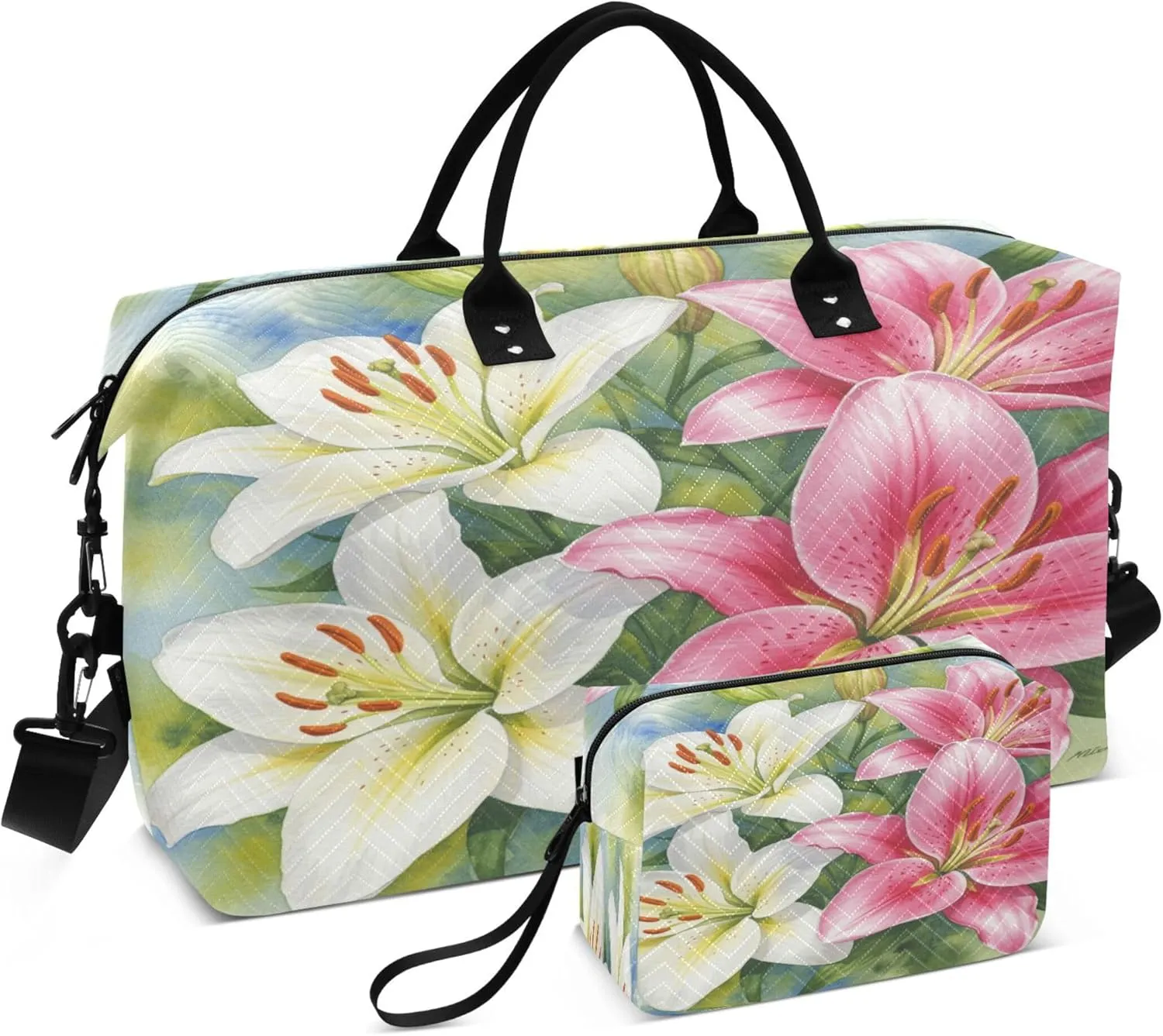 Burbuja Travel Duffel Bag for Women, Lily Flower Weekender Overnight Bag Shoulder Carry On Tote Bag with Trolley Sleeve, Gym Bag with Toiletry Bag