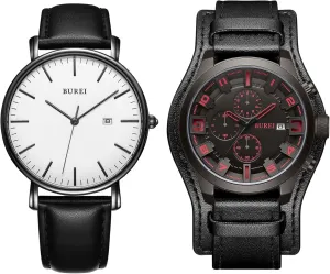 BUREI Men Black Watch Leather Watches for Men Multifunction Chronograph Watch Fashion Waterproof Watch Business Casual Men's Watch Analog Quartz Watch