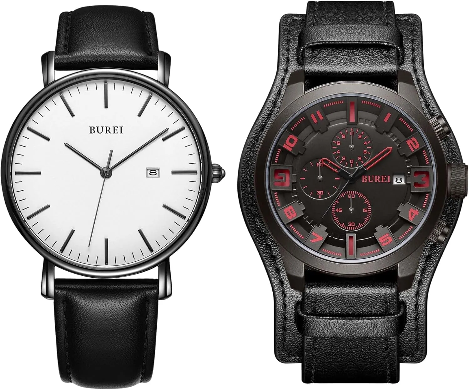 BUREI Men Black Watch Leather Watches for Men Multifunction Chronograph Watch Fashion Waterproof Watch Business Casual Men's Watch Analog Quartz Watch