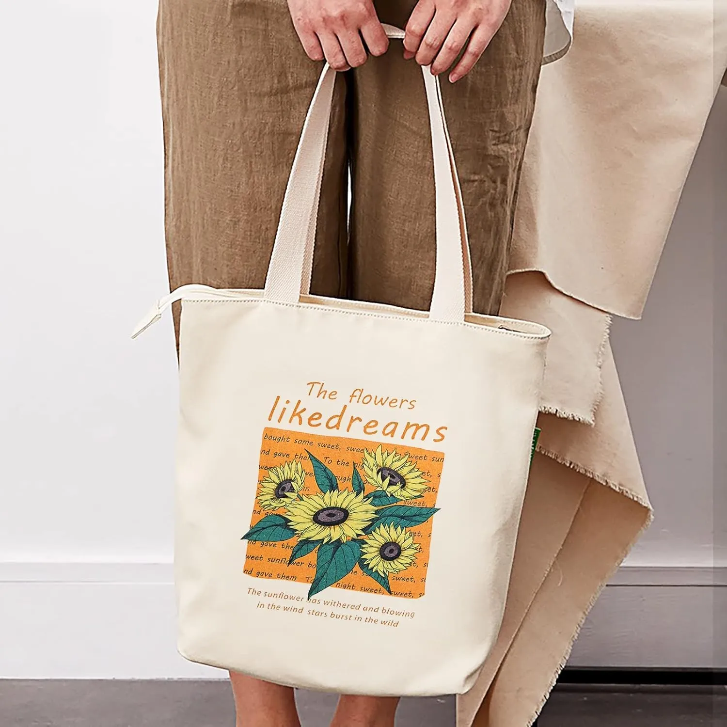 Canvas Tote Bag Aesthetic, Shoulder Shopping Bag for Women, with Zipper and Inner Pocket, for Shopping, School, Work