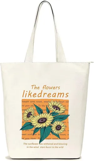 Canvas Tote Bag Aesthetic, Shoulder Shopping Bag for Women, with Zipper and Inner Pocket, for Shopping, School, Work
