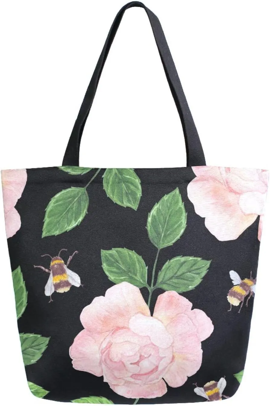 Canvas Tote Bag Watercolor Rose Flowers Bees Woman Beach Bag Retro Floral Leaves Shoulder Bag School Had Bag Handbag Holiday Gift