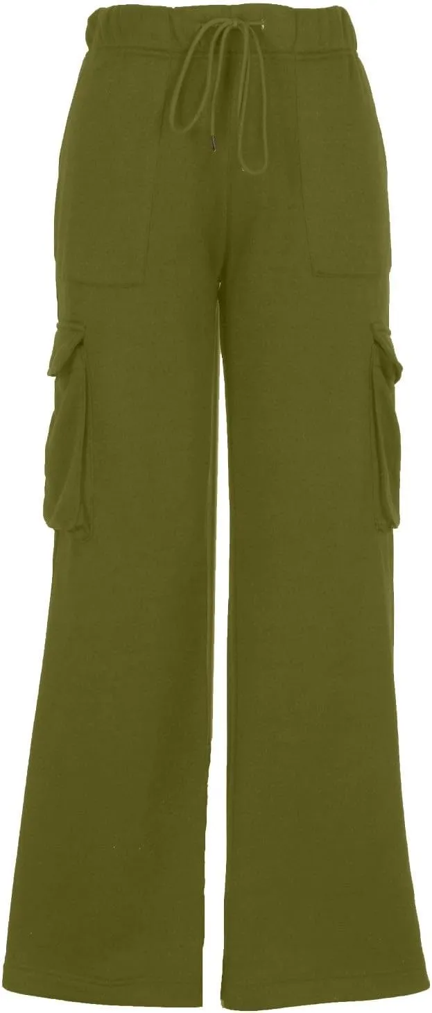 Cargo Straight Leg Pants for Women Multi Pockets Drawstring High Waisted Lounge Pants Outdoor Casual Wide Leg Pants