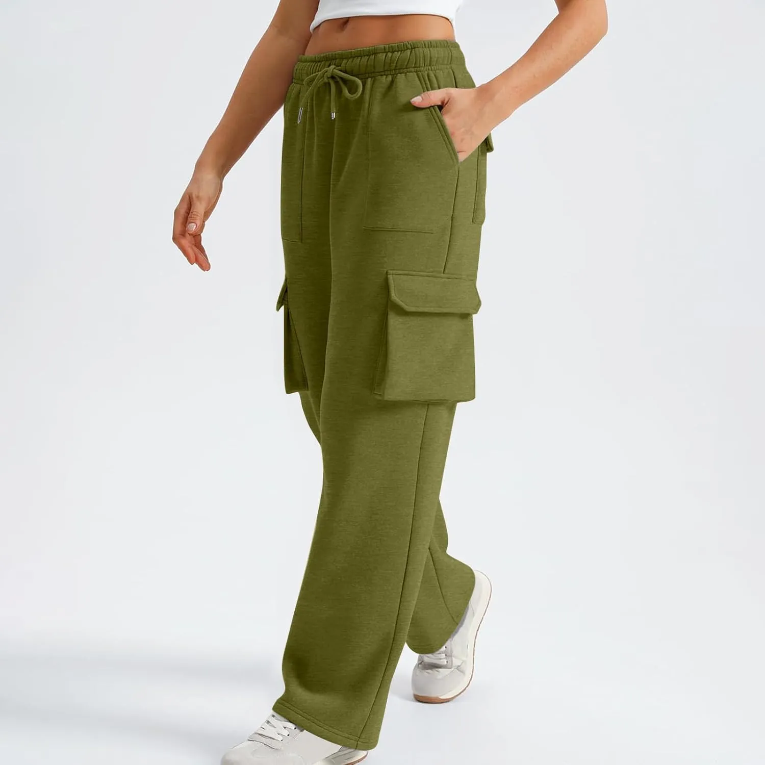 Cargo Straight Leg Pants for Women Multi Pockets Drawstring High Waisted Lounge Pants Outdoor Casual Wide Leg Pants