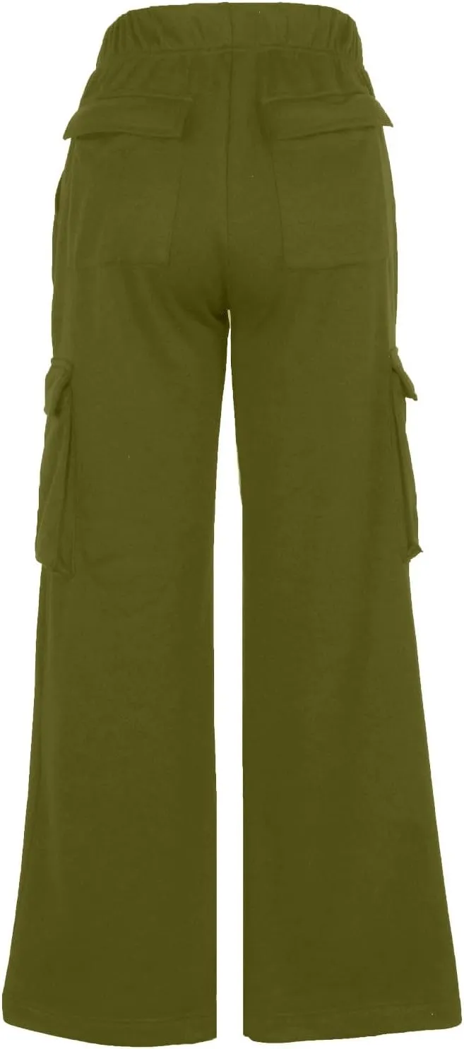 Cargo Straight Leg Pants for Women Multi Pockets Drawstring High Waisted Lounge Pants Outdoor Casual Wide Leg Pants