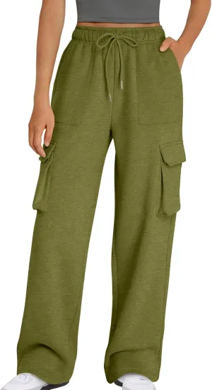 Cargo Straight Leg Pants for Women Multi Pockets Drawstring High Waisted Lounge Pants Outdoor Casual Wide Leg Pants