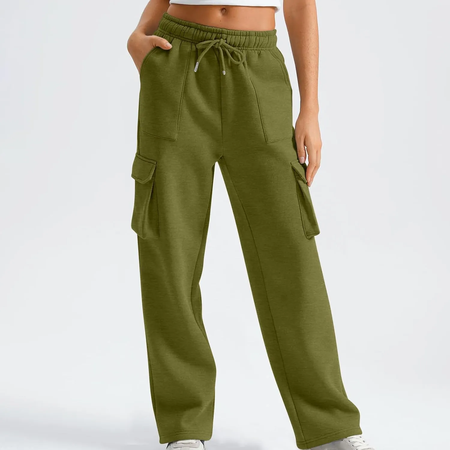 Cargo Straight Leg Pants for Women Multi Pockets Drawstring High Waisted Lounge Pants Outdoor Casual Wide Leg Pants
