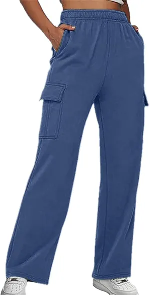 Cargo Sweatpants for Women Casual Baggy Wide Leg Fleece High Waisted Joggers with Pockets Sweat Pants Athletic Pants