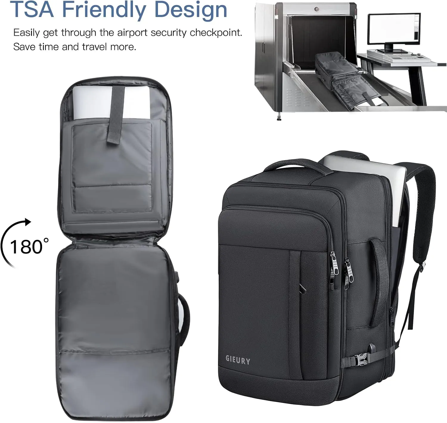 Carry On Backpack, 50L Travel Backpack, Luggage Backpack TSA Flight Approved Laptop Backpack for Men & Women, Large Expandable Backpack 40L Daypack Lightweight Business Weekender Bag, Black